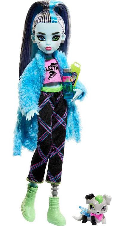 Monster High Doll and Sleepover Accessories, Frankie Stein Doll with Pet Dog Watzie, Creepover Party, HKY68 Frankie Stein Pyjama Set