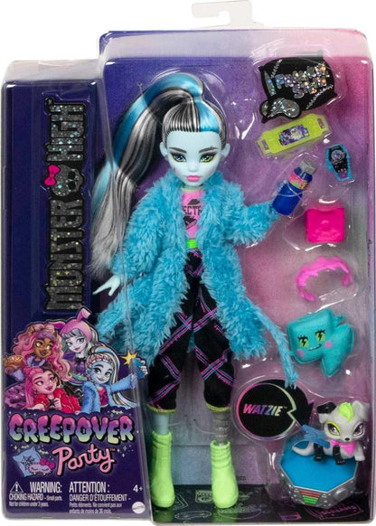 Monster High Doll and Sleepover Accessories, Frankie Stein Doll with Pet Dog Watzie, Creepover Party, HKY68 Frankie Stein Pyjama Set