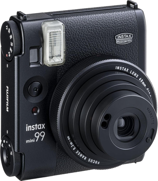 instax mini 99 instant film camera with Colour effect and brightness control, Landscape/Normal/Macro modes, and a manual Vignette switch, uses instax mini film Sold Separately