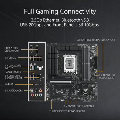 ASUS TUF Gaming B760M-PLUS WiFi II Motherboard Intel B760 LGA 1700 mATX (PCIe 5.0, M.2, DDR5, WiFi 6E, Q Antenna, Realtek 2.5GB Ethernet, DP, HDMI, SATA 6Gbps, USB Type-C, Thunderbolt 4, Aura Sync