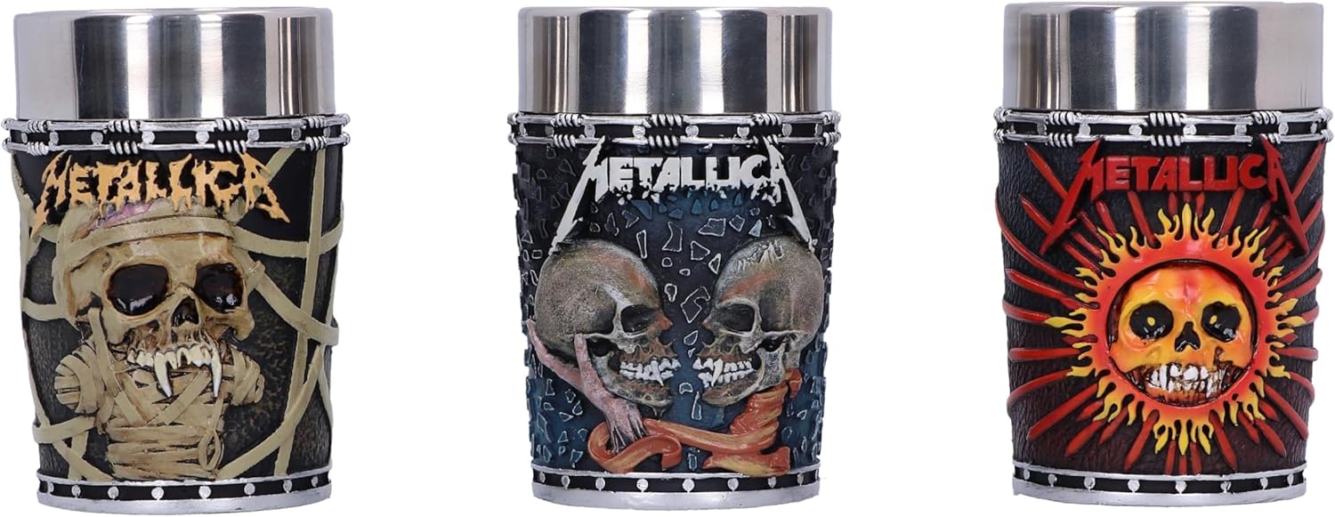 Nemesis Now Metallica Pushead Art Shot Glass Set of 3, Resin, Officially Licensed Metallica Merch, Removable Stainless Steel Inserts, Premium Gift Box, Cast in The Finest Resin, Expertly Hand-Painted