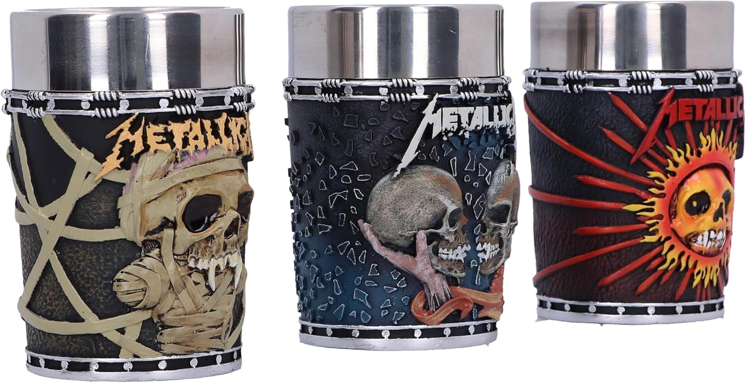Nemesis Now Metallica Pushead Art Shot Glass Set of 3, Resin, Officially Licensed Metallica Merch, Removable Stainless Steel Inserts, Premium Gift Box, Cast in The Finest Resin, Expertly Hand-Painted