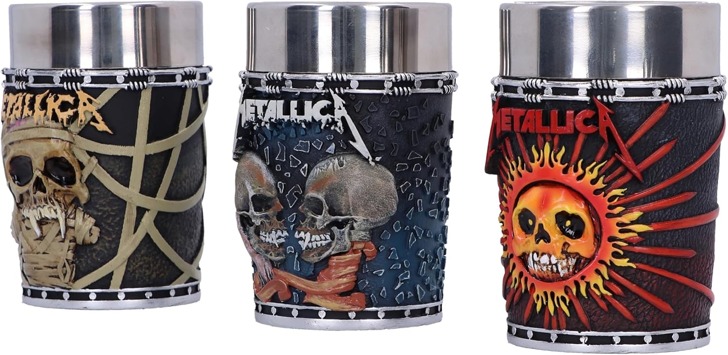 Nemesis Now Metallica Pushead Art Shot Glass Set of 3, Resin, Officially Licensed Metallica Merch, Removable Stainless Steel Inserts, Premium Gift Box, Cast in The Finest Resin, Expertly Hand-Painted