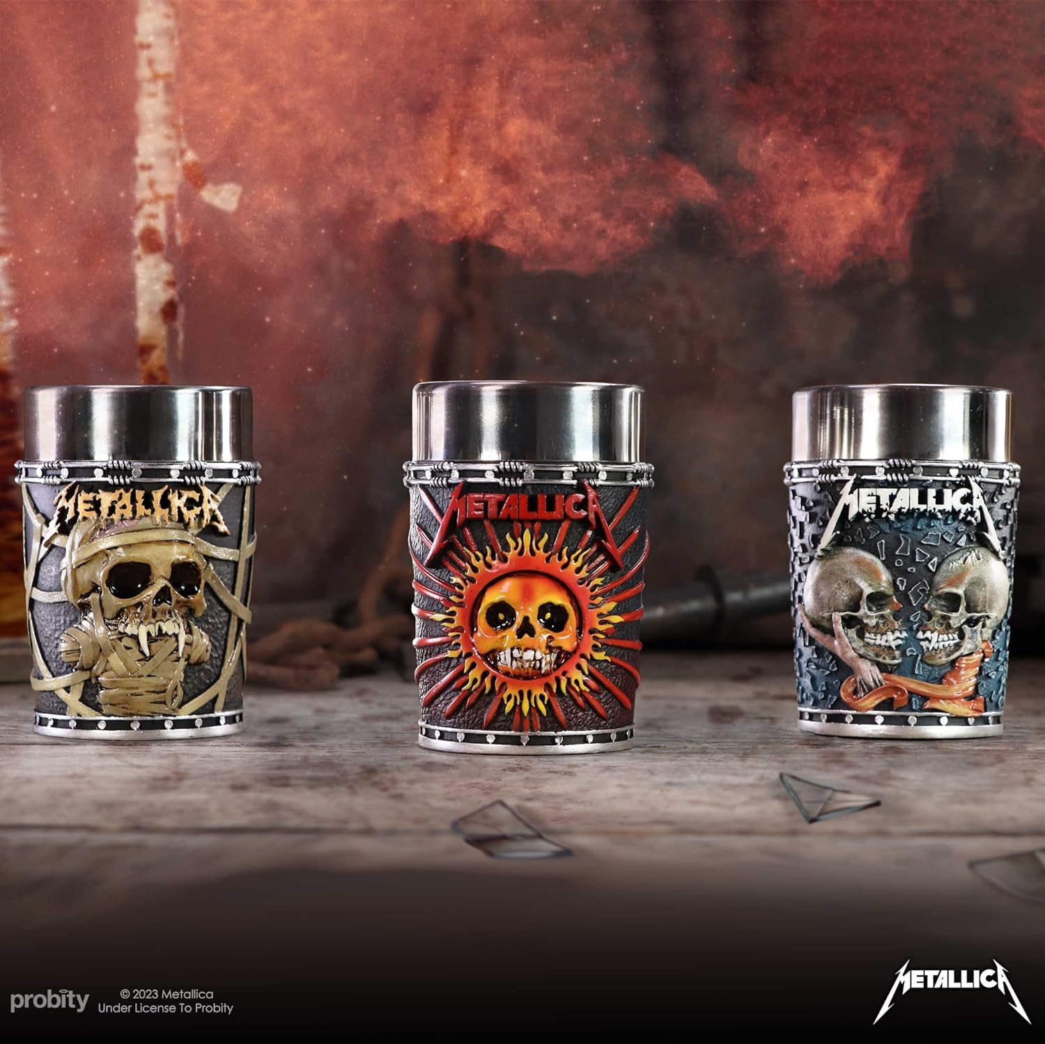 Nemesis Now Metallica Pushead Art Shot Glass Set of 3, Resin, Officially Licensed Metallica Merch, Removable Stainless Steel Inserts, Premium Gift Box, Cast in The Finest Resin, Expertly Hand-Painted