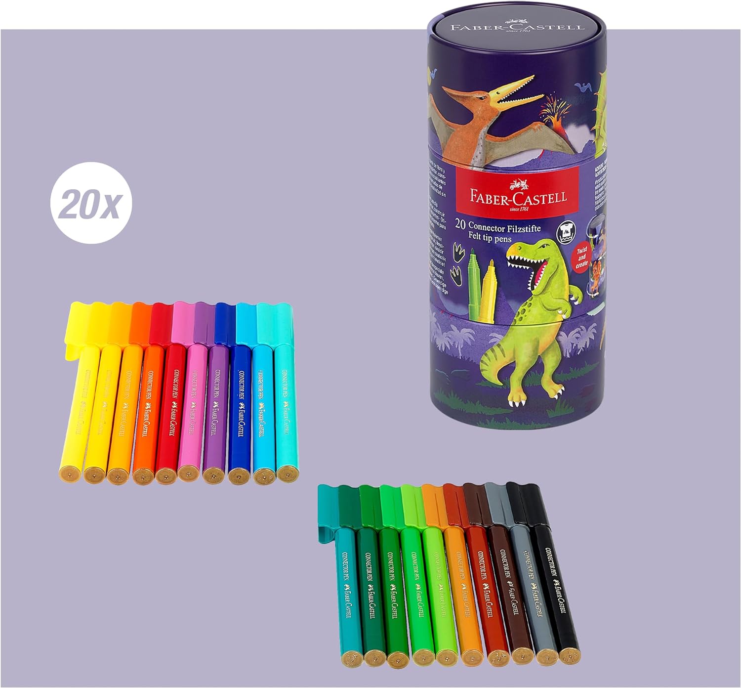 Faber-Castell 155546 - Caja Métalica con Juego de 20 Rotuladores Connector Dino
