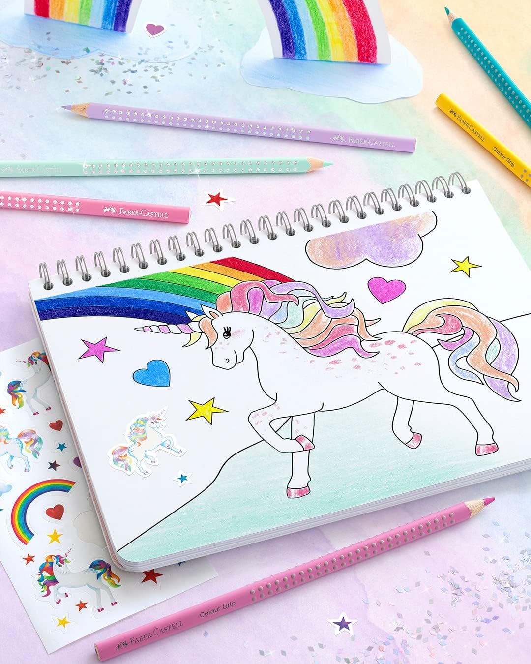 Faber-Castell 201542 Colouring Pencils Set Unicorn 13 Pieces Shatterproof Includes 3 Sparkle Pastel Pencils and Unicorn Stickers
