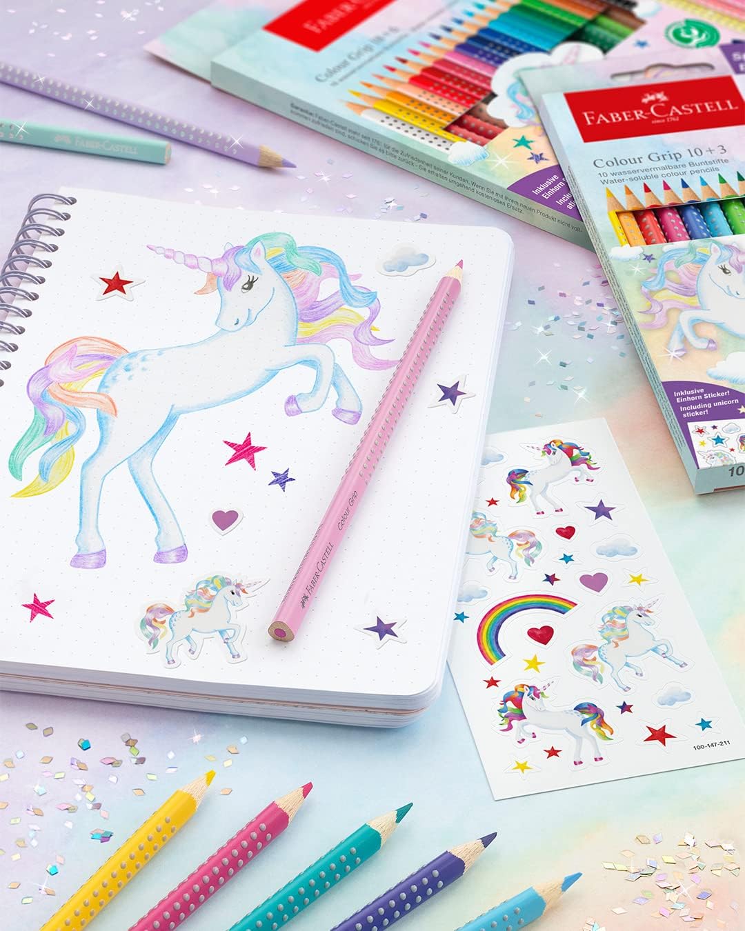 Faber-Castell 201542 Colouring Pencils Set Unicorn 13 Pieces Shatterproof Includes 3 Sparkle Pastel Pencils and Unicorn Stickers