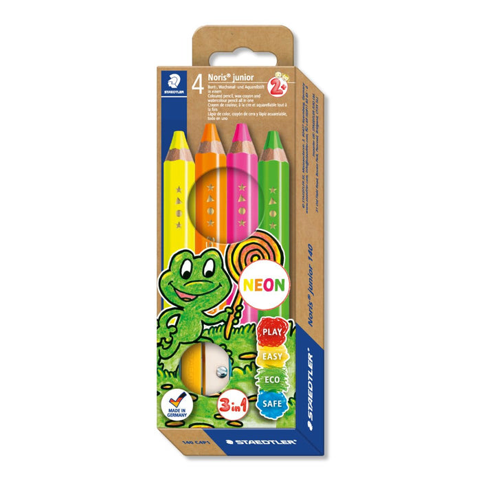 STAEDTLER 140 C4P1 Noris Junior 3-in-1 Colouring Pencils for Toddlers Aged 3+ - Assorted Neon Colours (Pack of 4 + Sharpener)