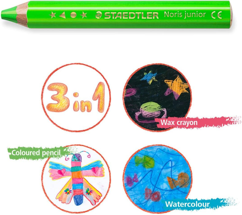 STAEDTLER 140 C4P1 Noris Junior 3-in-1 Colouring Pencils for Toddlers Aged 3+ - Assorted Neon Colours (Pack of 4 + Sharpener)