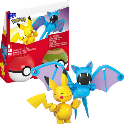 MEGA Pokémon Action Figure Building Toys Set, Buildable and Poseable Pikachu & Zubat with 40 Pieces and Poké Balls, for Kids, HXP12