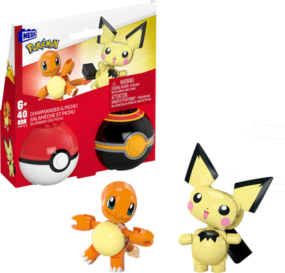 MEGA Pokémon Building Toys Set Pichu & Charmander with 40 Pieces, 2 Poseable Characters and Poké Ball, 2 Inches Tall, for Kids, HXP13 Orange & Beige - Pichu & Charmander
