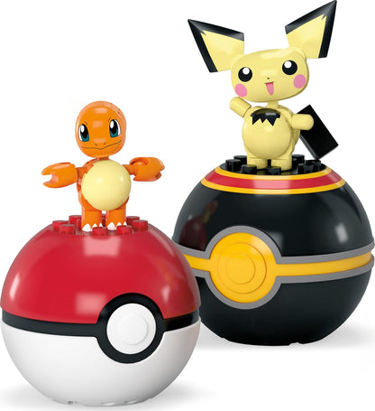 MEGA Pokémon Building Toys Set Pichu & Charmander with 40 Pieces, 2 Poseable Characters and Poké Ball, 2 Inches Tall, for Kids, HXP13 Orange & Beige - Pichu & Charmander