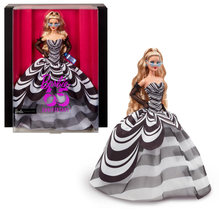 Barbie Signature 65 Aniversario Muñeca Rubia con Vestido de Rayas Blancas y Negras de Gala, Juguete de colección (Mattel HRM58)