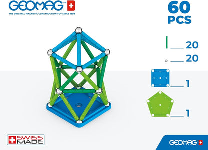 Geomag Classic - 60 Pieces- Magnetic Construction for Children - Green Collection - 100 Percent Recycled Plastic Educational Toys