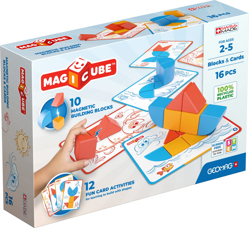 Geomag Magicube Blocks & Cards 16 pcs - Cubes, Magnetic Blocks & Cards from 2 Years and Up - 100% Recycled Plastic