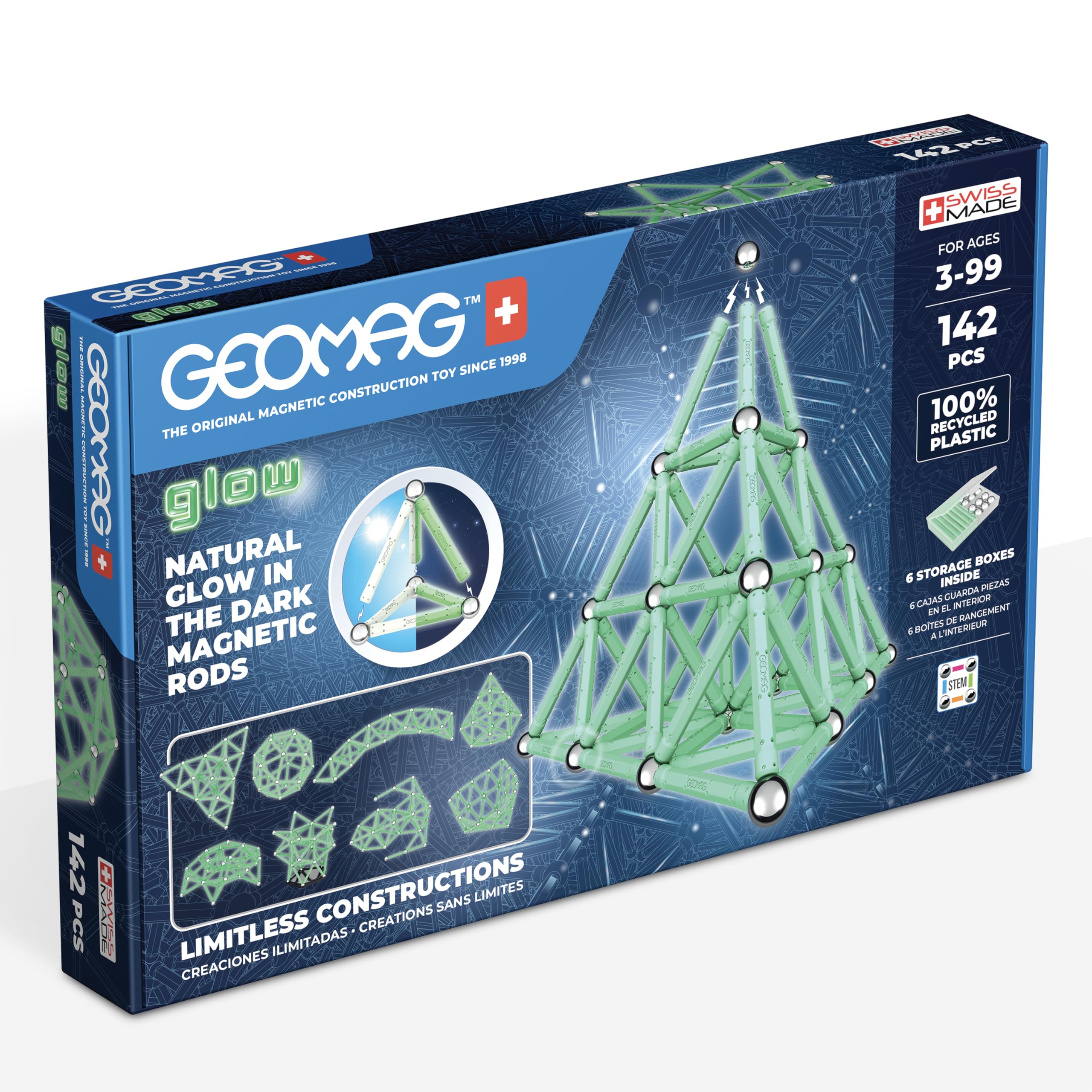 GEOMAG, Recycled Glow, Magnetic Constructions With Glow Effect, Magnetic Bars Glowing in the Dark, 142-Piece Pack, 100% Recycled Plastic