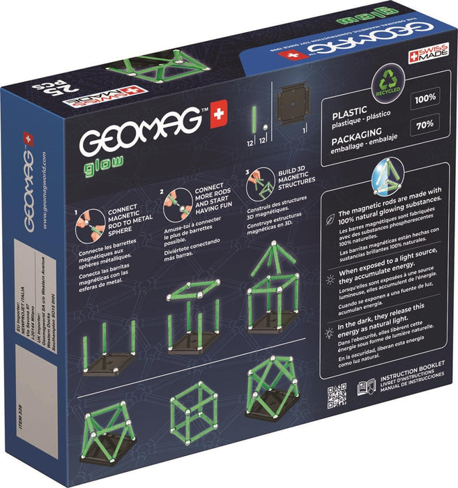 GEOMAG, Glow Recycled, Magnetic Constructions With Glow Effect, Magnetic Bars Glowing in the Dark, 25-Piece Pack, 100% Recycled Plastic