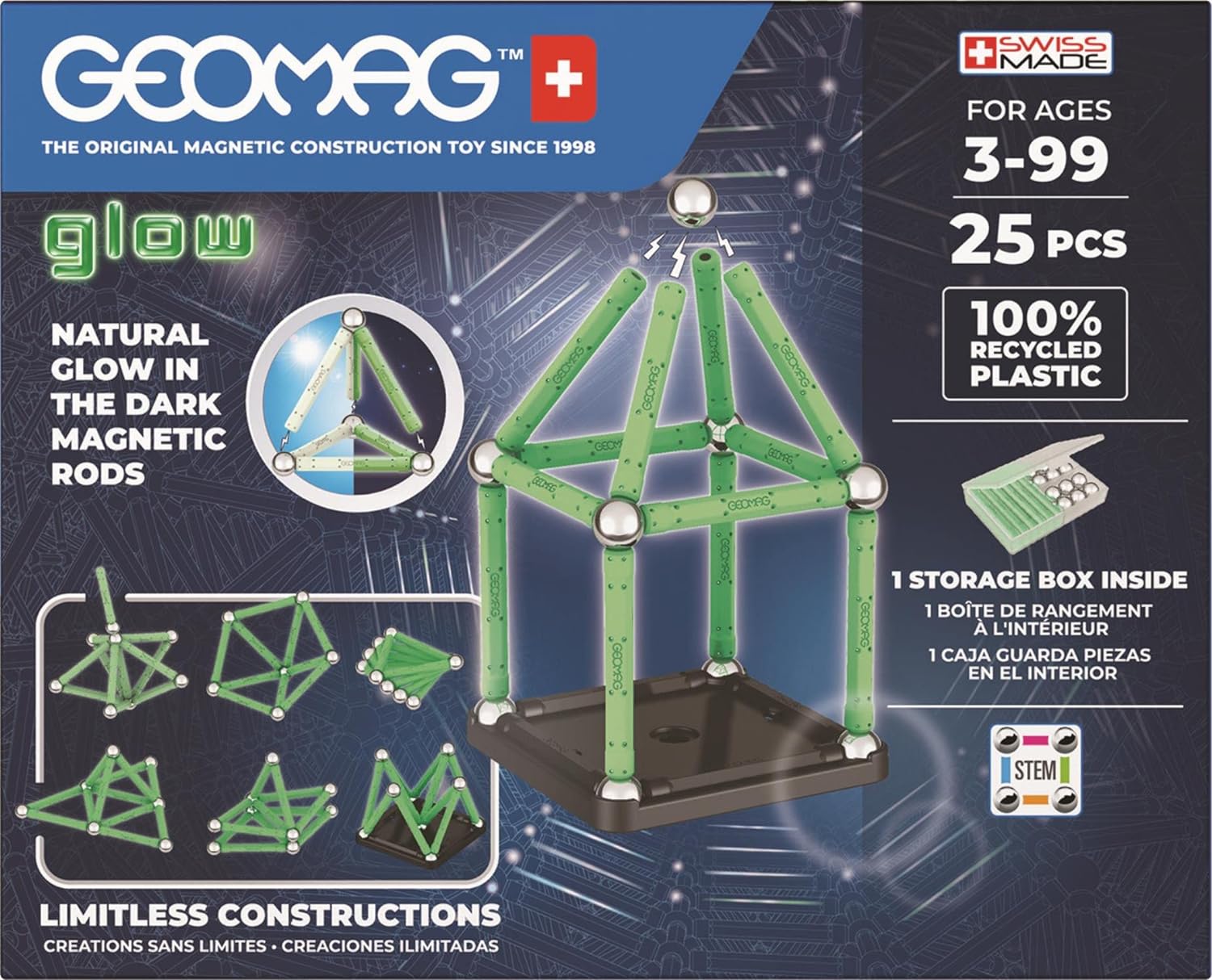 GEOMAG, Glow Recycled, Magnetic Constructions With Glow Effect, Magnetic Bars Glowing in the Dark, 25-Piece Pack, 100% Recycled Plastic