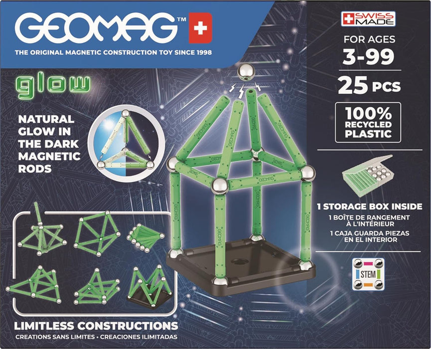 GEOMAG, Glow Recycled, Magnetic Constructions With Glow Effect, Magnetic Bars Glowing in the Dark, 25-Piece Pack, 100% Recycled Plastic