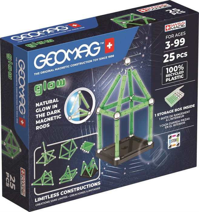 GEOMAG, Glow Recycled, Magnetic Constructions With Glow Effect, Magnetic Bars Glowing in the Dark, 25-Piece Pack, 100% Recycled Plastic