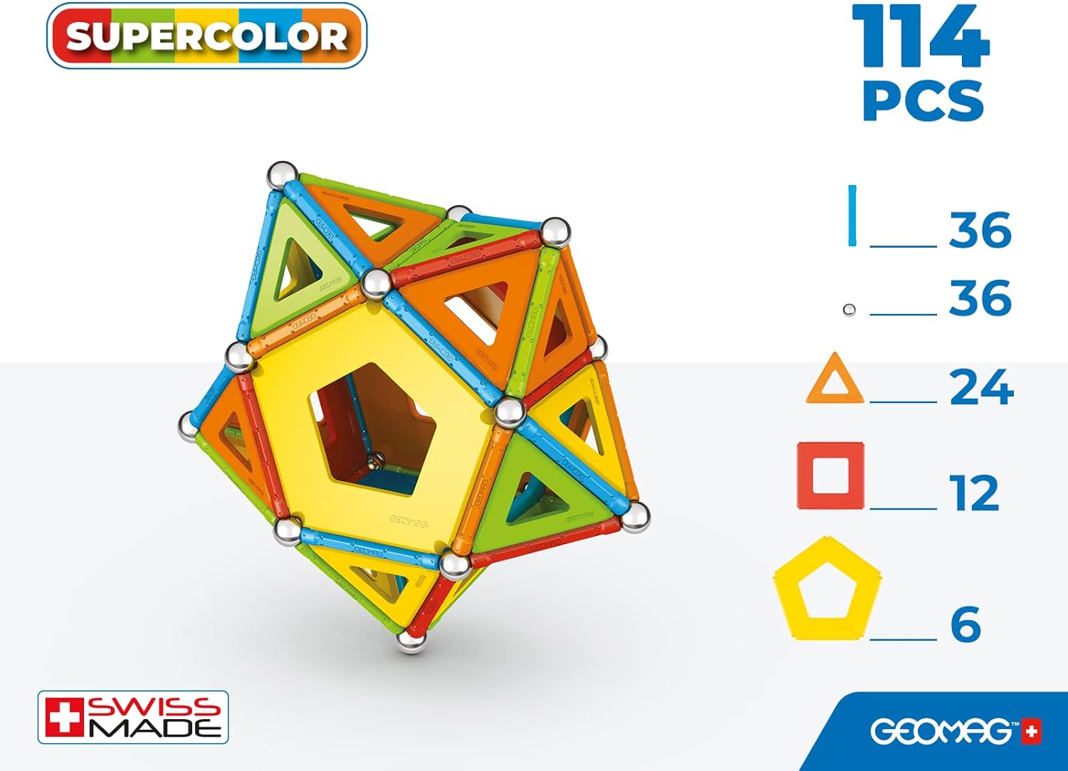 Geomag Classic Supercolor Panels Recycled 114, Magnetic Constructions, Rods, And Colored Panels, 114-Piece Pack, 100% Recycled Plastic