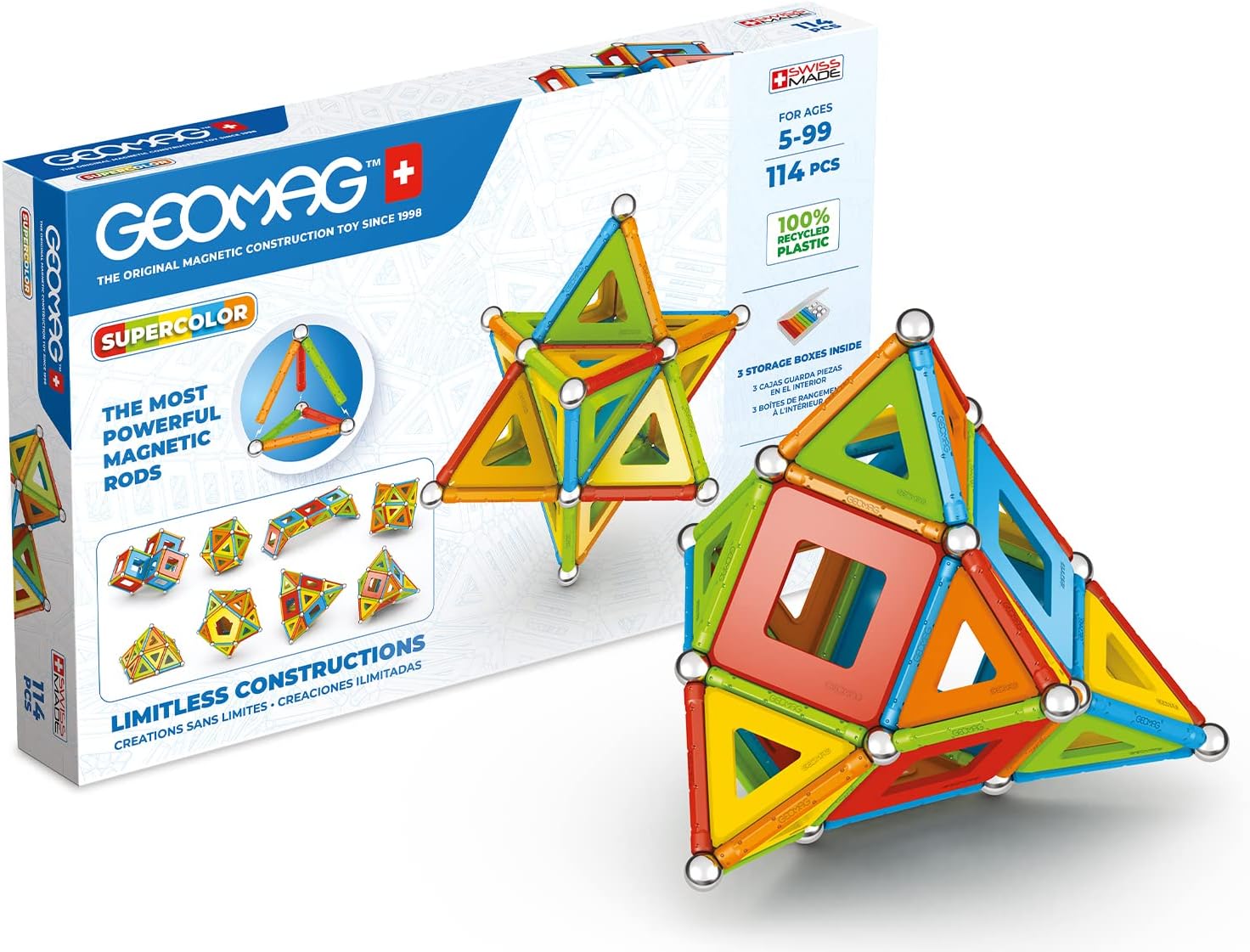 Geomag Classic Supercolor Panels Recycled 114, Magnetic Constructions, Rods, And Colored Panels, 114-Piece Pack, 100% Recycled Plastic