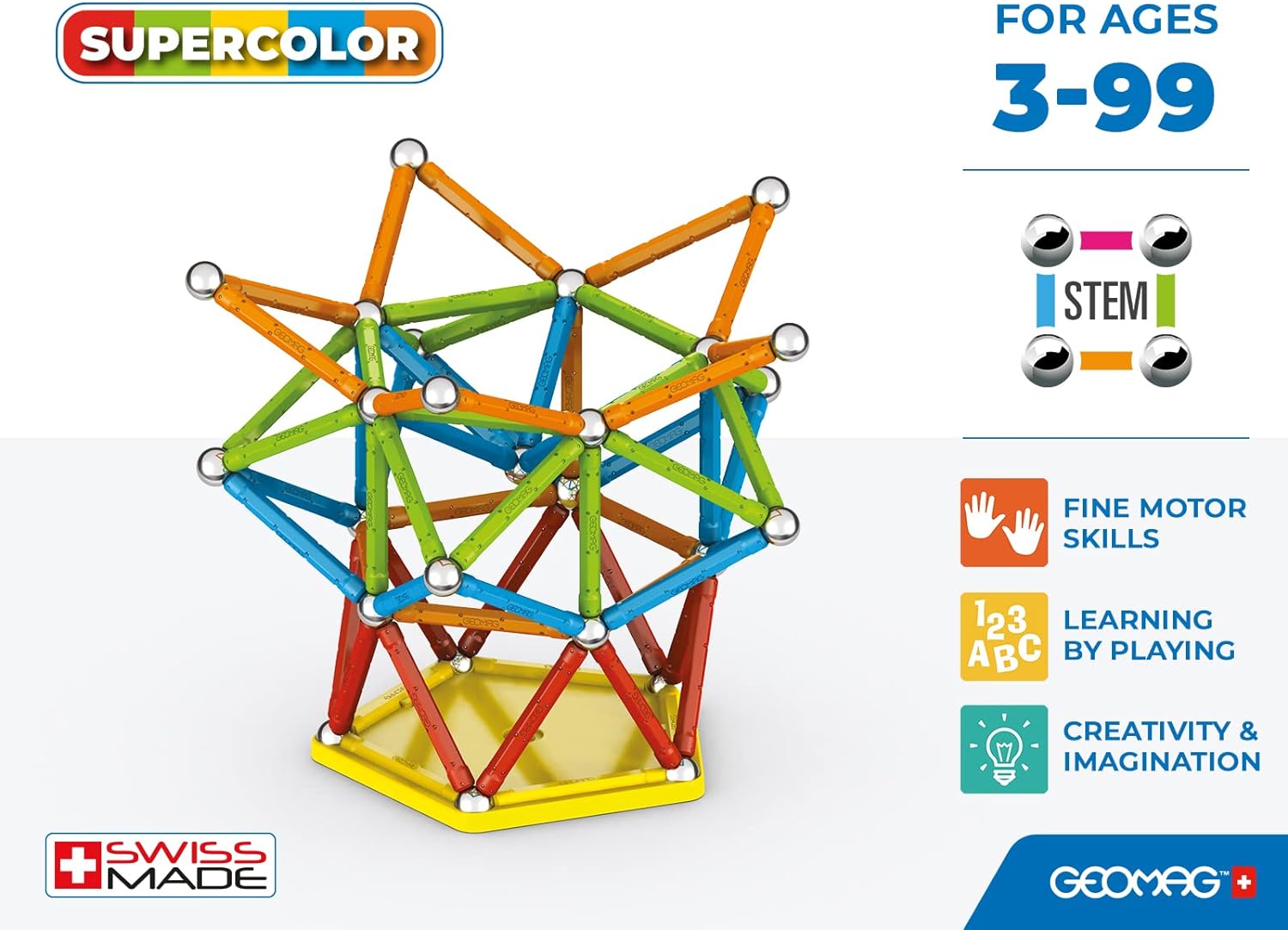 Geomag Classic Supercolor Panels Recycled 142, Magnetic Constructions, Rods, And Colored Panels, 142-Piece Pack, 100% Recycled Plastic