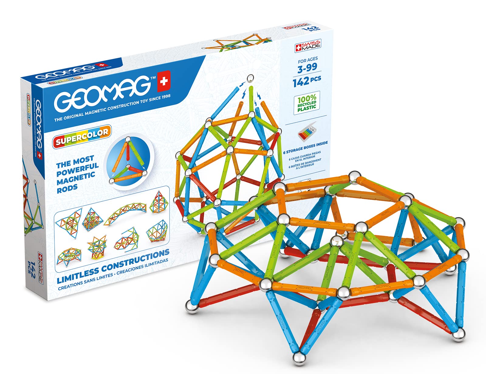 Geomag Classic Supercolor Panels Recycled 142, Magnetic Constructions, Rods, And Colored Panels, 142-Piece Pack, 100% Recycled Plastic