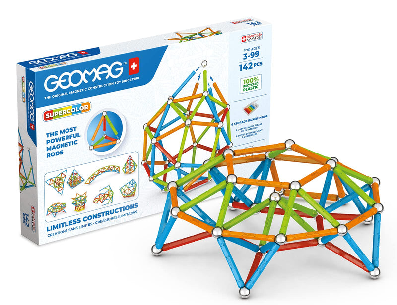 Geomag Classic Supercolor Panels Recycled 142, Magnetic Constructions, Rods, And Colored Panels, 142-Piece Pack, 100% Recycled Plastic