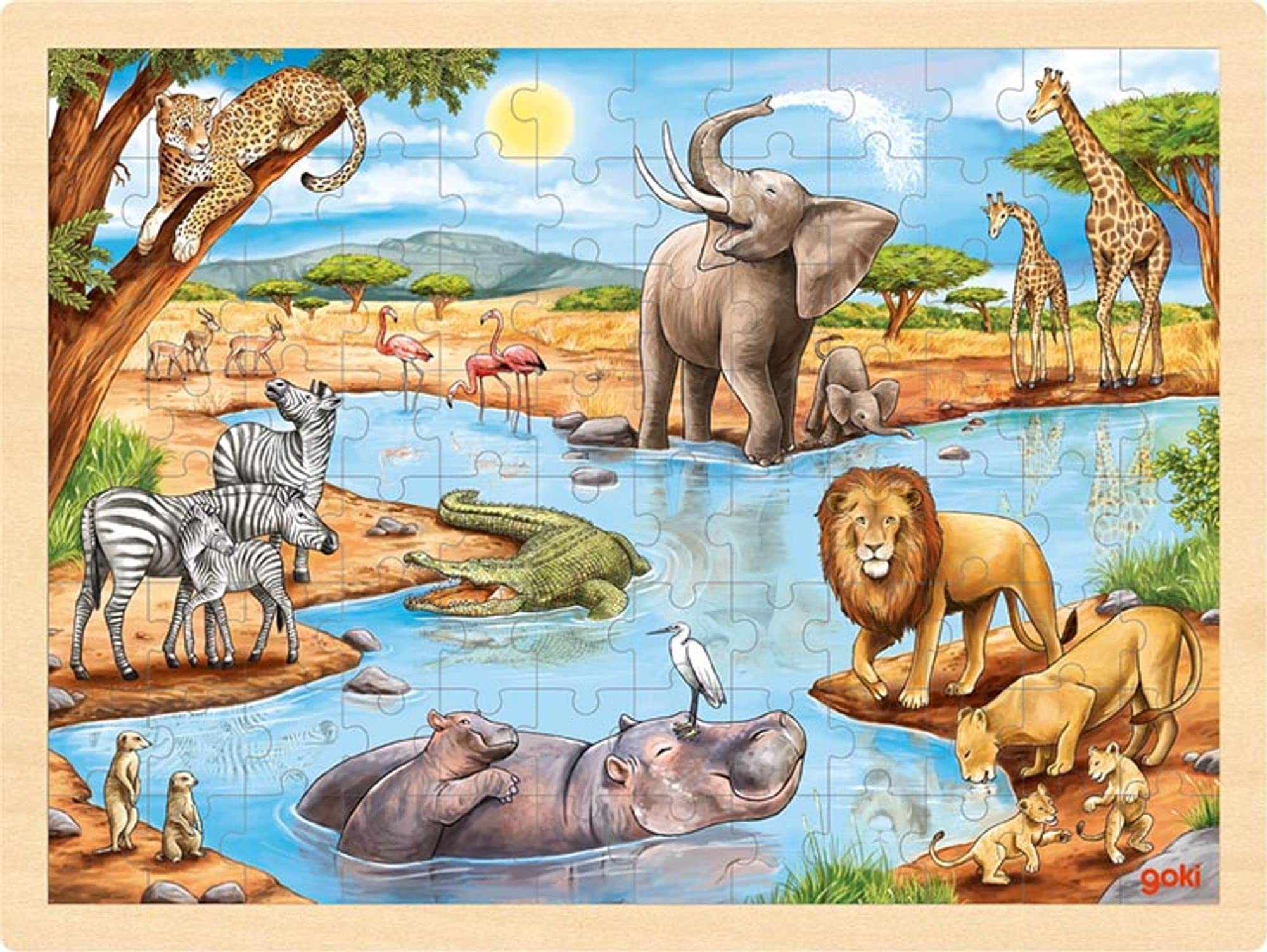 goki 57347 - Inlay Puzzle African Savannah - 96 Robust Wooden Pieces - Colourful Design with Detailed Savannah Motif