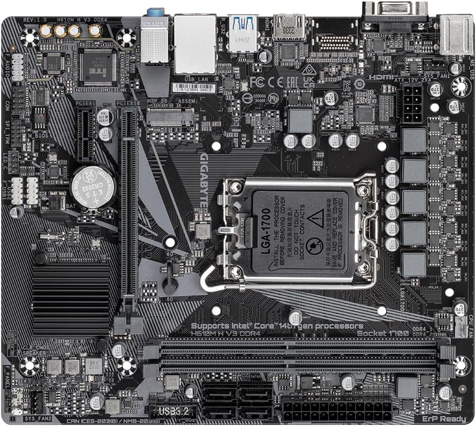 Gigabyte H610M H V3 DDR4 Motherboard - Supports Intel Core 14th CPUs, 4+1+1 Hybrid Phases Digital VRM, up to 3200MHz DDR4, 1xPCIe 3.0 M.2, GbE LAN, USB 3.2 Gen 1