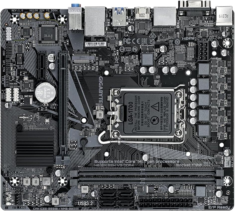 Gigabyte H610M S2H V3 DDR4 Motherboard - Supports Intel Core 14th CPUs, 4+1+1 Hybrid Digital VRM, up to 3200MHz DDR4, 1xPCIe 3.0 M.2, GbE LAN, USB 3.2 Gen 1