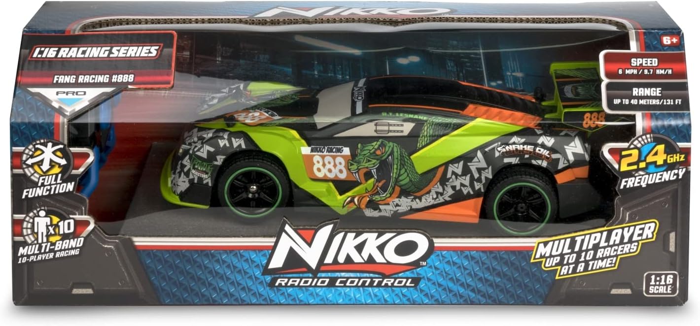 Nikko 10132 Racing Series Fang Racing, Remote Controlled Racing Car, RC Vehicle up to 14 km/h, Powerful Motor & Cool Design with Rear Spoiler, Children from 6 Years and Adults, Approx. 28 cm