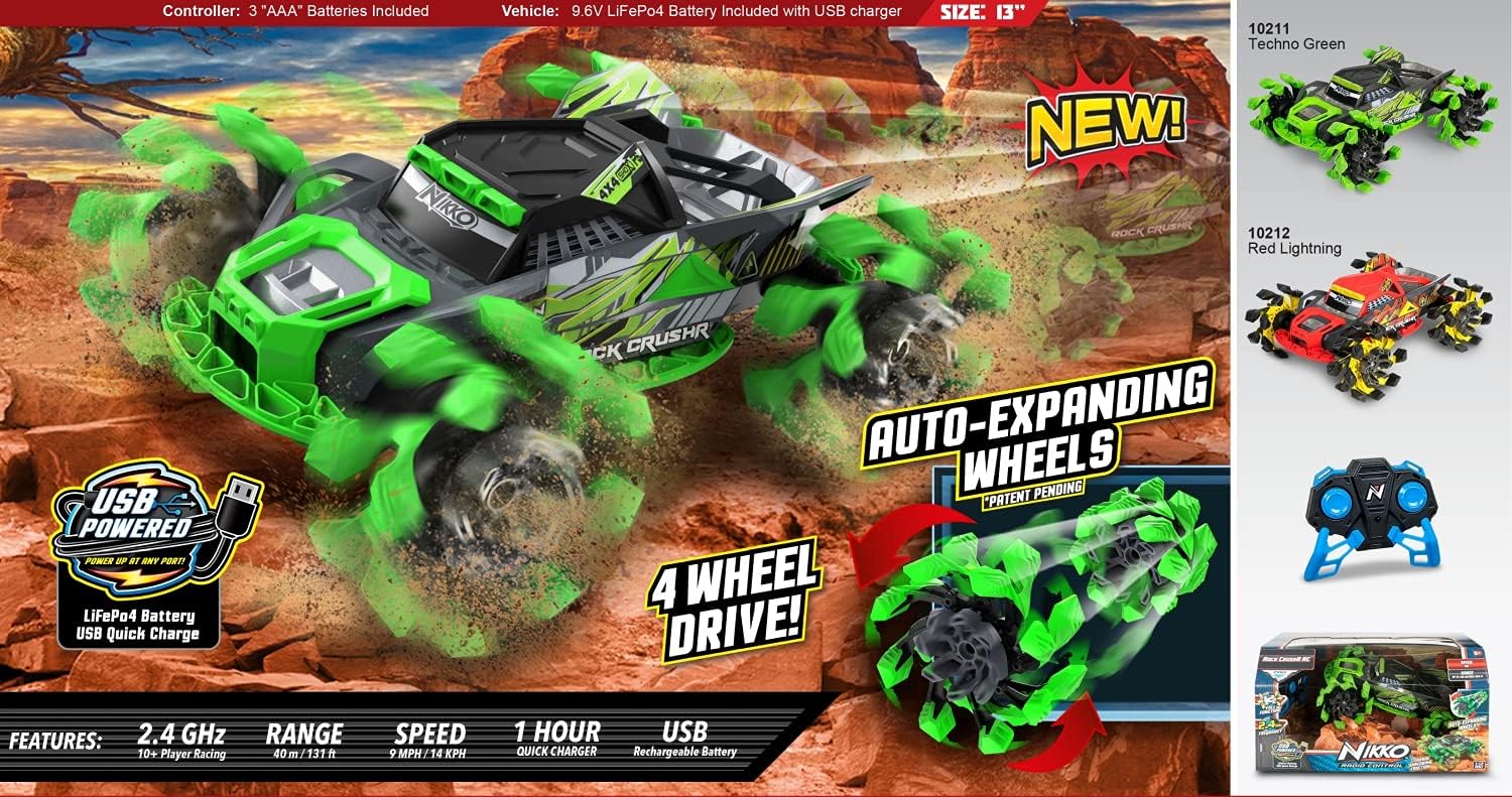 Nikko RC 10211 Rock CrushR, Remote Controlled RC Car, Offroad Vehicle up to 14 km/h, Automatic Extending Wheels, Extra Grip, 100 m Range, 2.4 GHz, Children from 6 Years and Adults, Approx. 33 cm