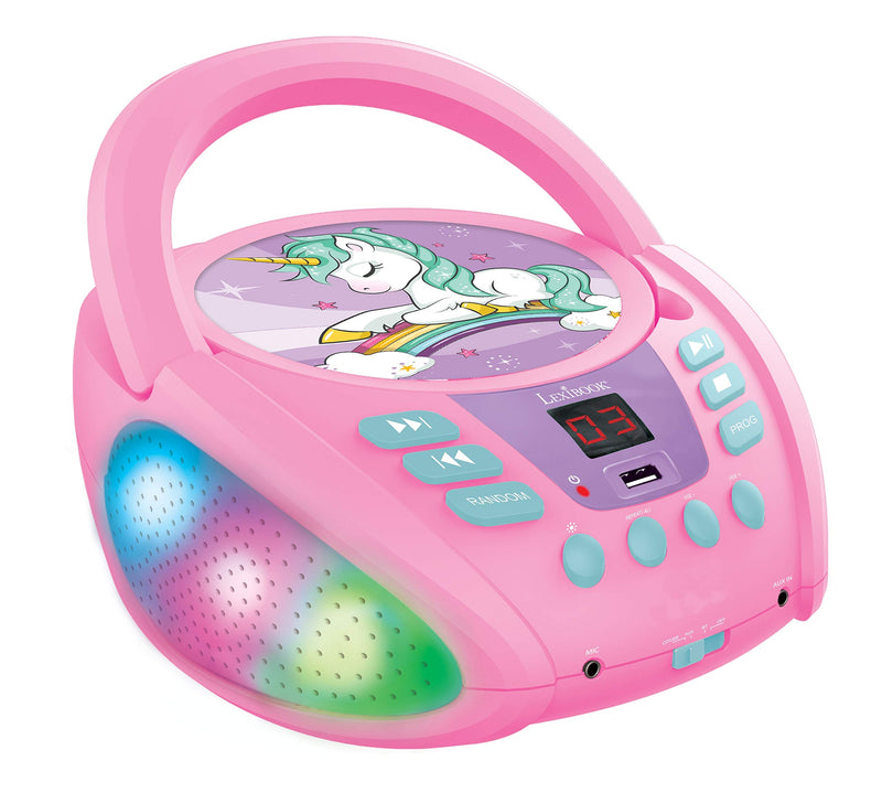 Lexibook Lexibook-RCD109UNI Unicornio-Lector de CD Bluetooth Portátil, Efectos Multicolores, Entrada para micrófono, AUX IN, AC o Funciona con batería, Niños, Rosa, Color (RCD109UNI