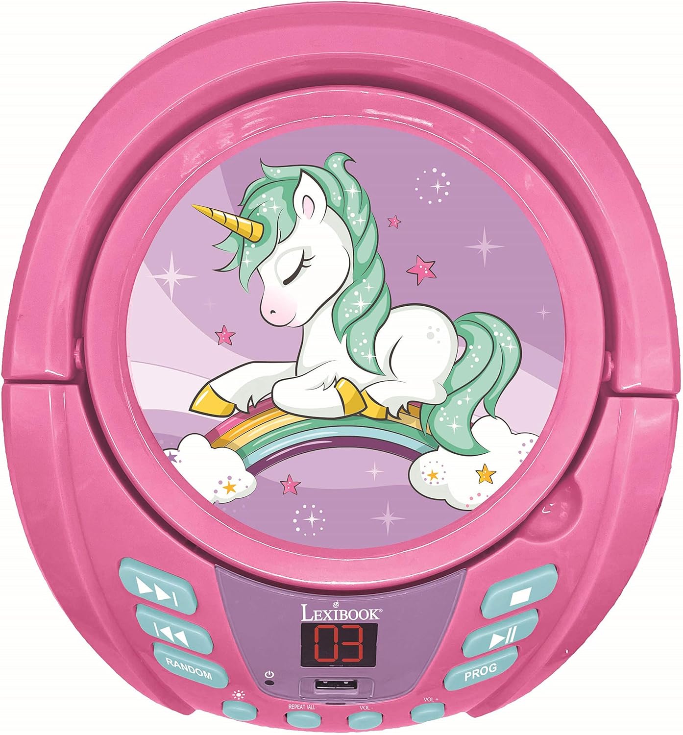 Lexibook Lexibook-RCD109UNI Unicornio-Lector de CD Bluetooth Portátil, Efectos Multicolores, Entrada para micrófono, AUX IN, AC o Funciona con batería, Niños, Rosa, Color (RCD109UNI