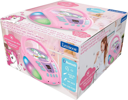 Lexibook Lexibook-RCD109UNI Unicornio-Lector de CD Bluetooth Portátil, Efectos Multicolores, Entrada para micrófono, AUX IN, AC o Funciona con batería, Niños, Rosa, Color (RCD109UNI