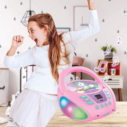 Lexibook Lexibook-RCD109UNI Unicornio-Lector de CD Bluetooth Portátil, Efectos Multicolores, Entrada para micrófono, AUX IN, AC o Funciona con batería, Niños, Rosa, Color (RCD109UNI