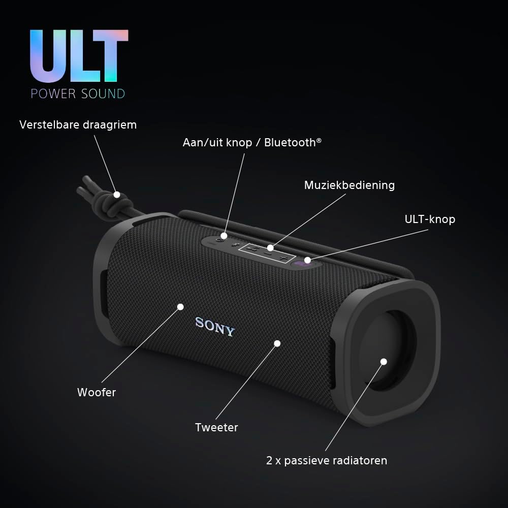 Sony ULT FIELD 1 - Draadloze Bluetooth speaker met ULT POWER SOUND, Ultieme diepe bas, IP67, Waterdicht, Stofdicht, Schokbestendig, Batterij voor 12 uur, Heldere gesprekskwaliteit - Zwart