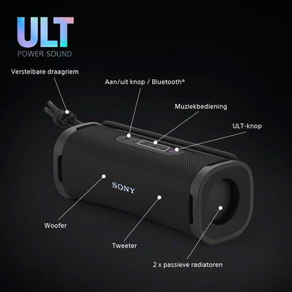 Sony ULT FIELD 1 - Draadloze Bluetooth speaker met ULT POWER SOUND, Ultieme diepe bas, IP67, Waterdicht, Stofdicht, Schokbestendig, Batterij voor 12 uur, Heldere gesprekskwaliteit - Zwart