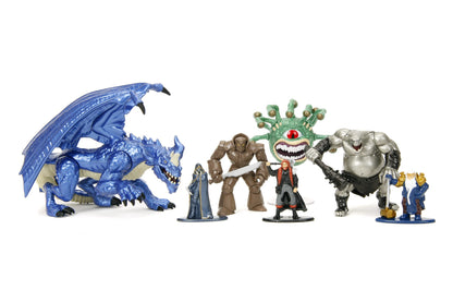 Jada Toys Dungeons and Dragons Figuren Set (Mega Pack mit 7 Sammelfiguren in 3 Größen) - DND Figuren aus Metall ab 12 Jahre (Elf, Human Barbarian, Zwerg, Golem, Oger, Beholder, Drache,), 4-10 cm