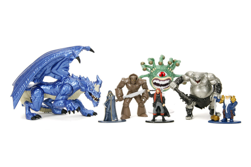 Jada Toys Dungeons and Dragons Figuren Set (Mega Pack mit 7 Sammelfiguren in 3 Größen) - DND Figuren aus Metall ab 12 Jahre (Elf, Human Barbarian, Zwerg, Golem, Oger, Beholder, Drache,), 4-10 cm