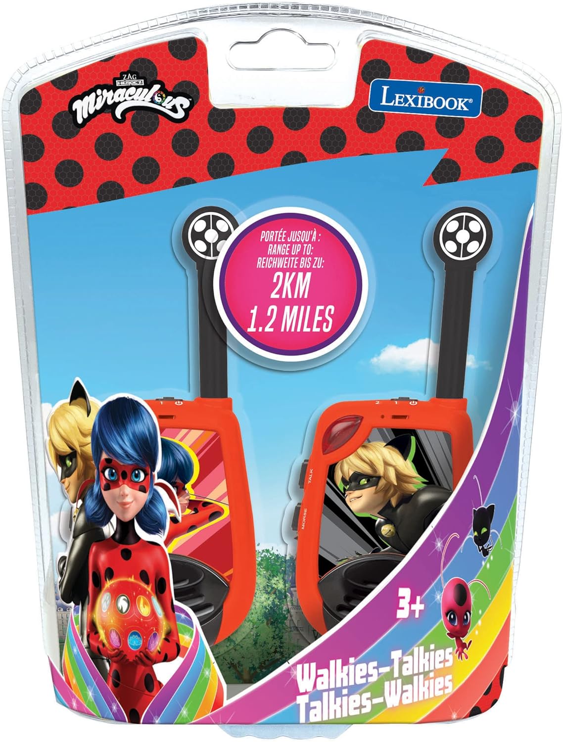 Lexibook, Miraculous Ladybug Cat Noir, Walkie-talkies 2km, Licht-Morse functie, Riemclip, 2 mogelijke kanaalcombinaties, voor Kinderen, Batterij, Rood, TW25MI