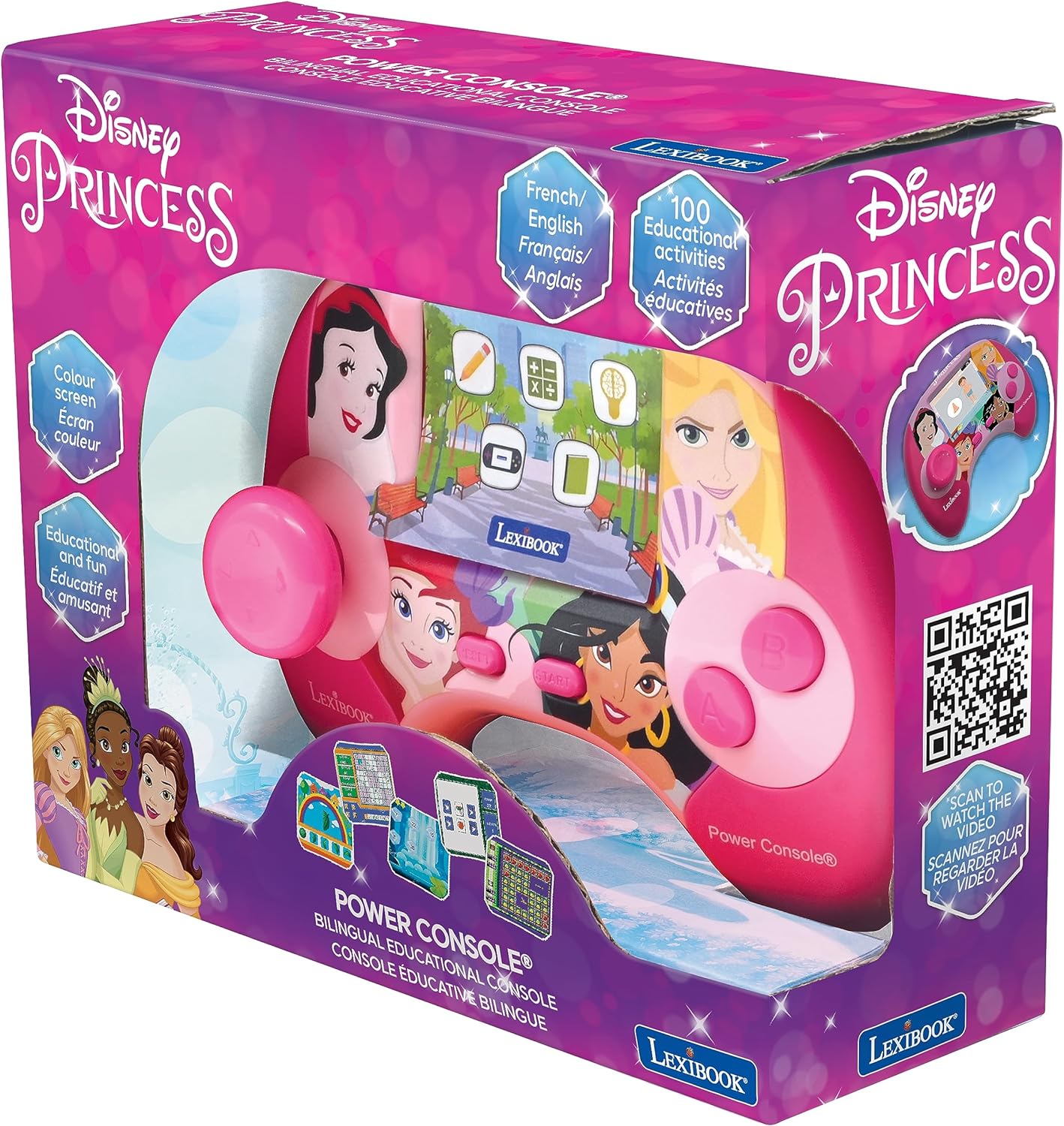 Lexibook, Disney Princess, Power Console®, Bilingual educational game console with 100 activities, French/English, Pink, JCG100DPi1
