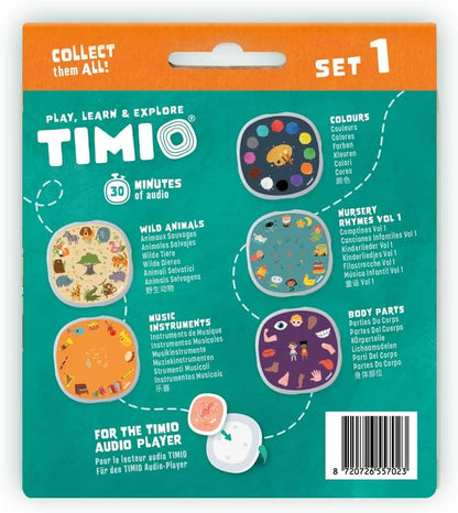 TIMIO Disk Set # 1: 5 Audio-Discs voor de TIMIO Player | Leer Kleuren, Wilde Dieren, Muziekinstrumenten, 96 Kinderliedjes Vol. 1, Lichnaamsdelen | Alles in 8 Talen | Leerspeelgoed van 2 - 6 Jaar