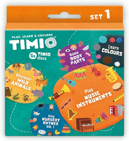 TIMIO Disk Set # 1: 5 Audio-Discs voor de TIMIO Player | Leer Kleuren, Wilde Dieren, Muziekinstrumenten, 96 Kinderliedjes Vol. 1, Lichnaamsdelen | Alles in 8 Talen | Leerspeelgoed van 2 - 6 Jaar