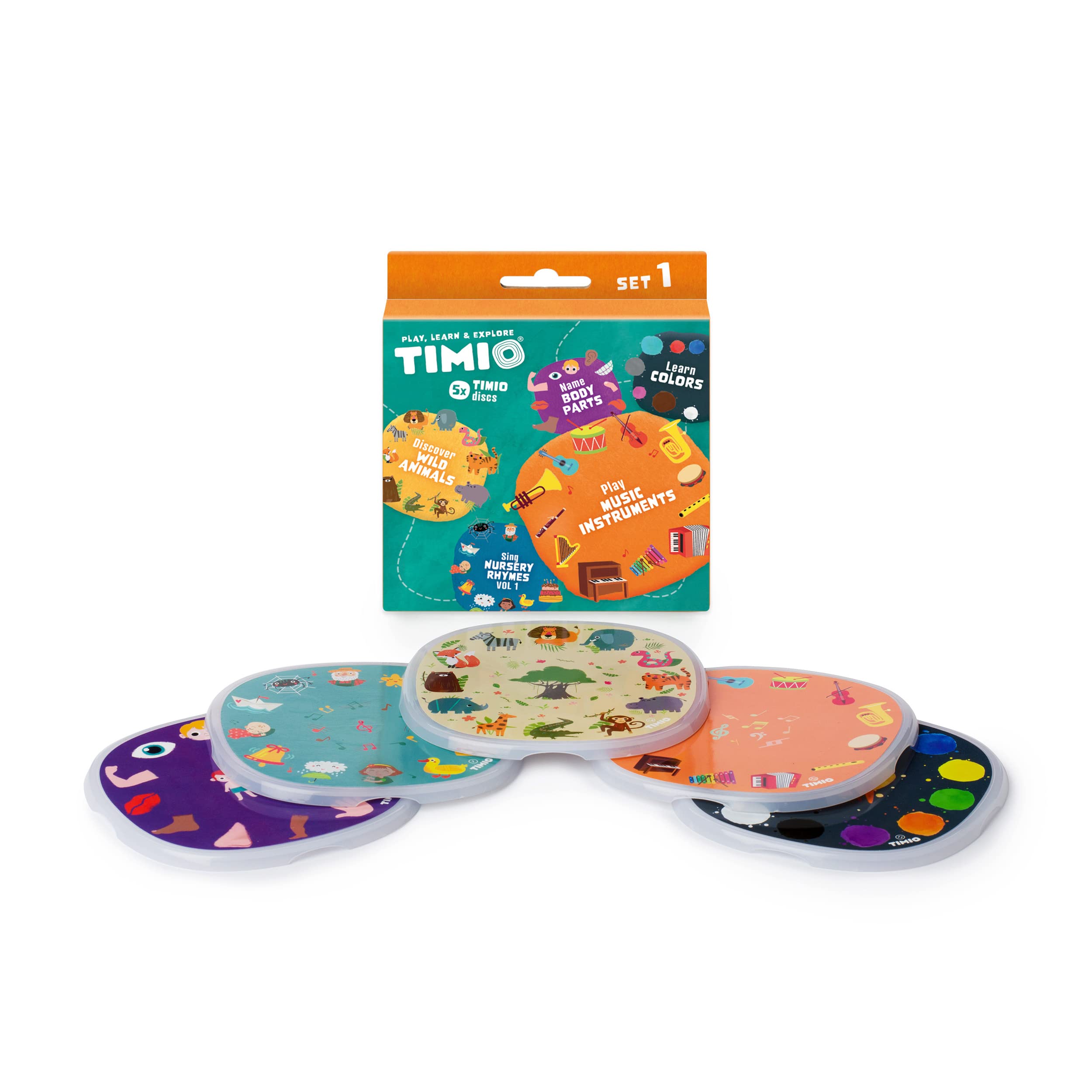 TIMIO Disk Set # 1: 5 Audio-Discs voor de TIMIO Player | Leer Kleuren, Wilde Dieren, Muziekinstrumenten, 96 Kinderliedjes Vol. 1, Lichnaamsdelen | Alles in 8 Talen | Leerspeelgoed van 2 - 6 Jaar