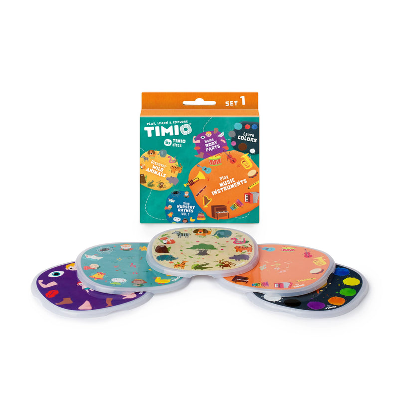 TIMIO Disk Set # 1: 5 Audio-Discs voor de TIMIO Player | Leer Kleuren, Wilde Dieren, Muziekinstrumenten, 96 Kinderliedjes Vol. 1, Lichnaamsdelen | Alles in 8 Talen | Leerspeelgoed van 2 - 6 Jaar