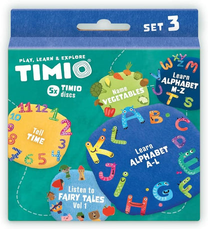 TIMIO Disk Set # 3: 5 Audio-Discs voor de TIMIO Player | Leer 12 Sprookjes Vol. 1, de Tijd, Groenten, Alfabet A-L, Alfabet M-Z | Alles in 8 Talen | Leerspeelgoed van 2 - 6 Jaar