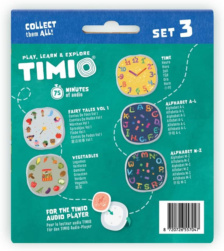 TIMIO Disk Set # 3: 5 Audio-Discs voor de TIMIO Player | Leer 12 Sprookjes Vol. 1, de Tijd, Groenten, Alfabet A-L, Alfabet M-Z | Alles in 8 Talen | Leerspeelgoed van 2 - 6 Jaar